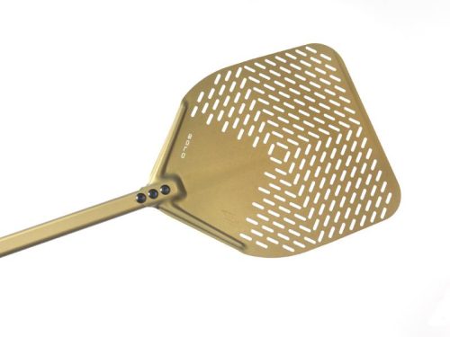 SZÖGLETES PIZZALAPÁT GOLD lyukas 33x33cm G-32RF